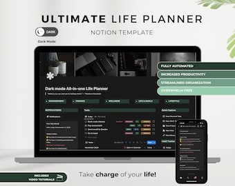 Dark Mode Life Planner Notion Template: All-in-One Digital Organizer Daily planner