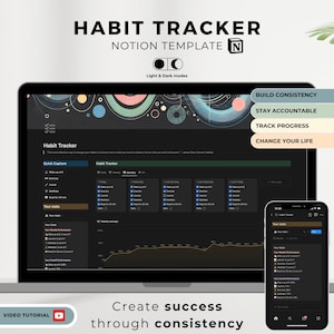 Könnte beinhalten: Ein Laptop-Bildschirm zeigt eine Notion-Vorlage im Dunkelmodus für einen Habit-Tracker. Die Vorlage enthält Abschnitte für die schnelle Erfassung, den Habit-Tracker, Ihre Statistiken und ein Diagramm des wöchentlichen Fortschritts. Der Text auf dem Bildschirm lautet "Habit Tracker" und "Konsistenz aufbauen, Rechenschaft ablegen, Fortschritt verfolgen, Ihr Leben verändern". Der Laptop steht auf einer weißen Oberfläche mit einem Smartphone, das die gleiche Vorlage im Dunkelmodus anzeigt.