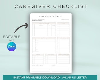 Editable Caregiver Checklist: Printable Canva Template (Digital Download)
