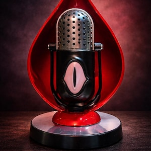 Könnte beinhalten: Ein Mikrofon im Vintage-Stil mit einem roten, tropfenförmigen Rahmen. Das Mikrofon hat einen schwarzen Körper mit einem rosa ovalen Design und einen silbernen Mesh-Kopf. Es steht auf einem silbernen und schwarzen kreisförmigen Sockel und erzeugt eine Retro-Ästhetik.