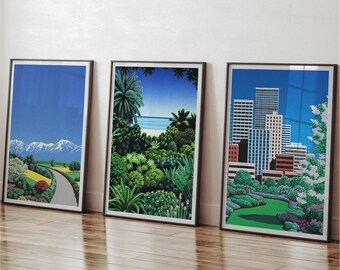 Hiroshi Nagai 3 piezas City Garden Set Japandi Wall Art Imprimible Jardín Decoración Japón Pritns Manga Como Pixel Art Decoración Verde Citypop Impresiones