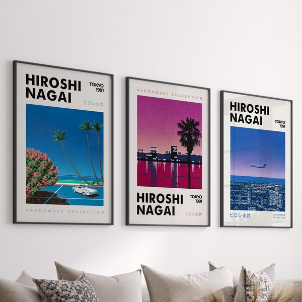 Hiroshi Nagai 3 Piece Print City Pop Prints 80s 90s Vintage Illustrations Printable Japandi Manga Colorful Wall Art Vaporwave Illustration