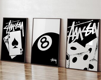 Stussy 3 Piece Poster Prints Hype Wall Art Trendy 8 Ball Print Digital Streetwear Affiche Printable, Supreme Decor Digital Download