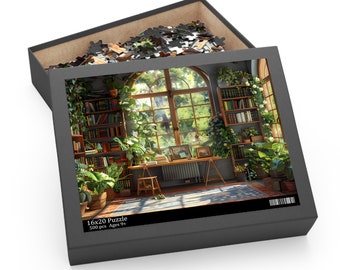 Sunlit Atrium Library Jigsaw Puzzle - 500 Pieces of Verdant Literary Bliss, Library Puzzle (120, 252, 500-Piece),  Greenery Puzzle, Book