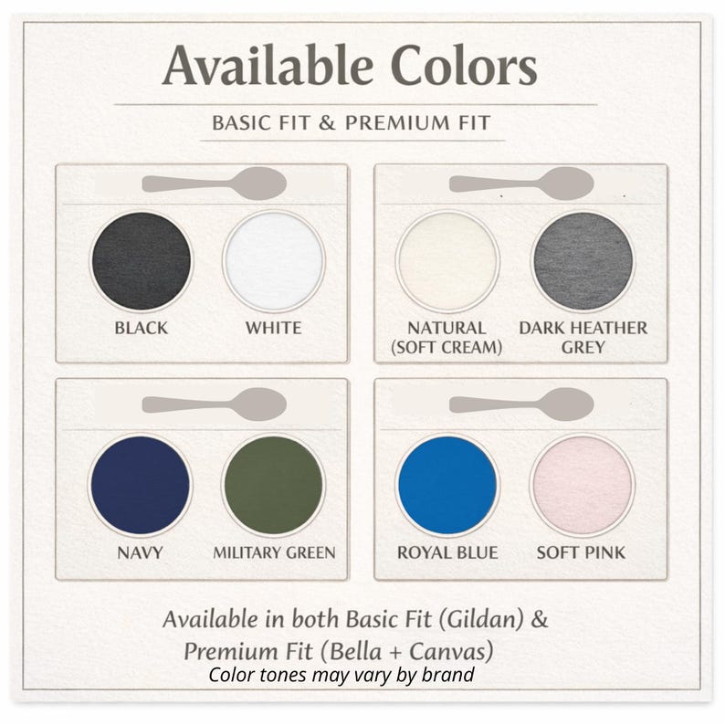 Puede incluir: Tabla de colores para ropa, que muestra c&iacute;rculos en negro, blanco, natural (crema suave), gris jaspeado oscuro, azul marino, verde militar, azul real y rosa claro. El texto indica que los colores est&aacute;n disponibles en cortes Basic y Premium.