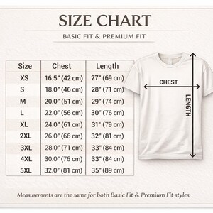 Puede incluir: Una camiseta blanca con una tabla de tallas. La tabla enumera las medidas de pecho y largo en pulgadas y cent&iacute;metros para las tallas XS a 5XL. El texto "SIZE CHART" y "BASIC FIT & PREMIUM FIT" est&aacute;n en la parte superior.