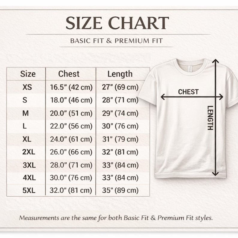 Puede incluir: Una camiseta blanca con una tabla de tallas. La tabla enumera las medidas de pecho y largo en pulgadas y cent&iacute;metros para las tallas XS a 5XL. El texto "SIZE CHART" y "BASIC FIT & PREMIUM FIT" est&aacute;n en la parte superior.