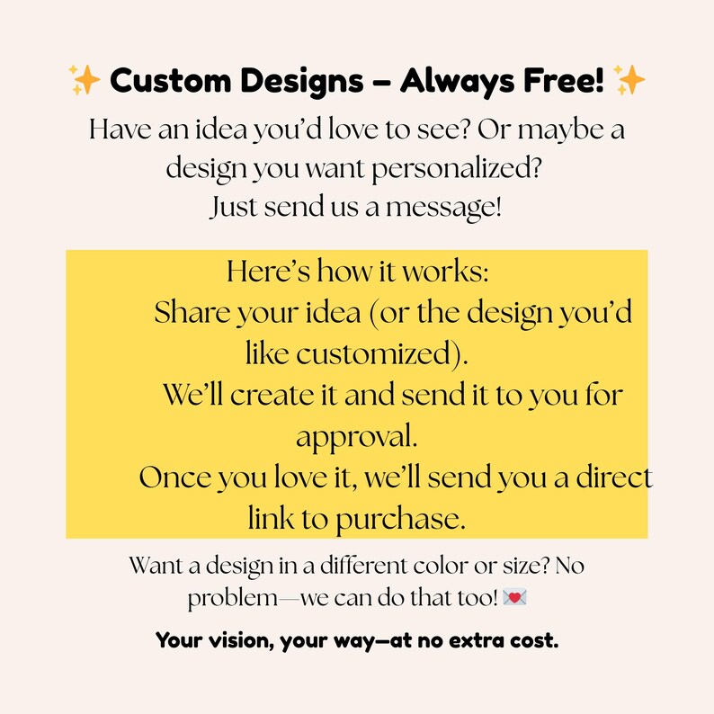 Puede incluir: Gr&aacute;fico color crema con texto: "Custom Designs - Always Free!" e instrucciones para solicitudes de dise&ntilde;o personalizado. Incluye un cuadro amarillo con detalles sobre el proceso de dise&ntilde;o, desde compartir una idea hasta comprar.