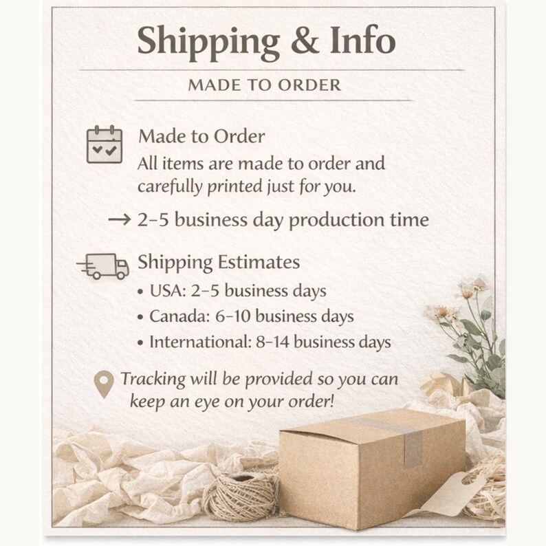 Puede incluir: Una caja de cart&oacute;n beige con una etiqueta de env&iacute;o descansa sobre un lecho de papel arrugado y cuerda. La imagen incluye texto sobre art&iacute;culos hechos a pedido y estimaciones de env&iacute;o.