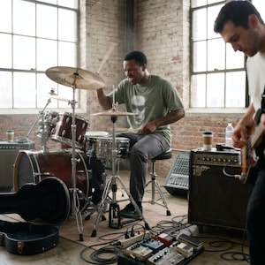 A man plays drums, wearing an olive green t-shirt with a subtle graphic of Brandon Lee as The Crow.
