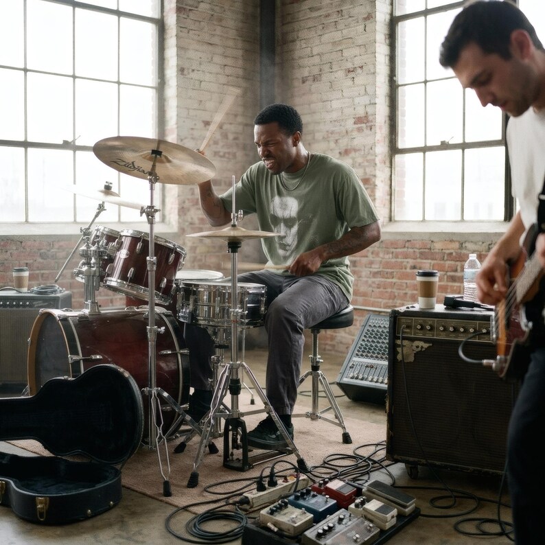 A man plays drums, wearing an olive green t-shirt with a subtle graphic of Brandon Lee as The Crow.
