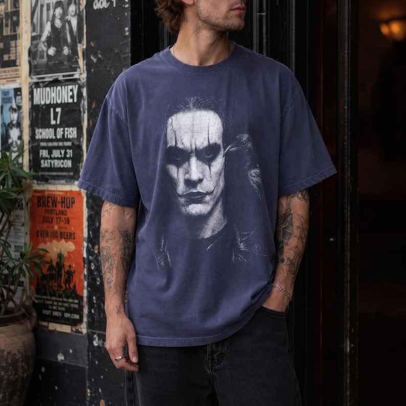 The Crow T Shirt, Brandon Lee Graphic Tee in Black Cotton Denim
