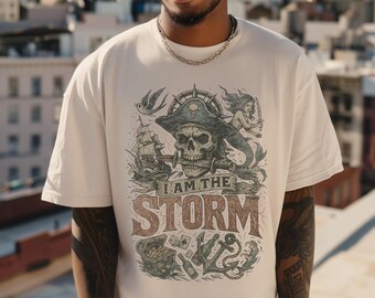海賊Tシャツ、I Am The StormコットンTシャツ、クラブレイブユーモア、タトゥー風