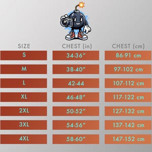 A size chart with a cartoon bomb character at the top, listing sizes S to 4XL with corresponding chest measurements in inches and centimeters.