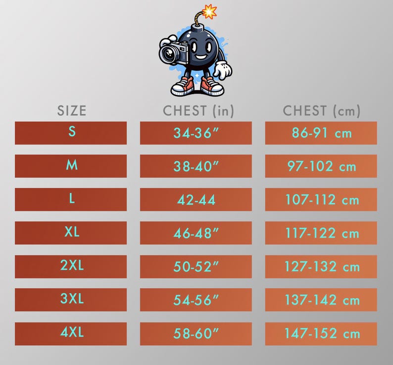 A size chart with a cartoon bomb character at the top, listing sizes S to 4XL with corresponding chest measurements in inches and centimeters.