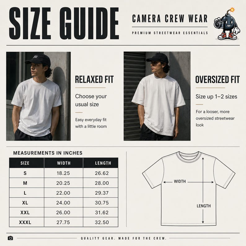 A size guide for "Camera Crew Wear" t-shirts, showing two men modeling relaxed and oversized fits, with a table of measurements for sizes S to XXL.