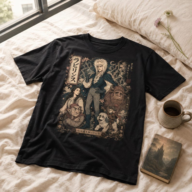 A man wears an olive green t-shirt with a graphic of Jareth the Goblin King, Sarah, Hoggle, Ludo, and Sir Didymus in a Japanese poster art style, with Japanese text on the left.