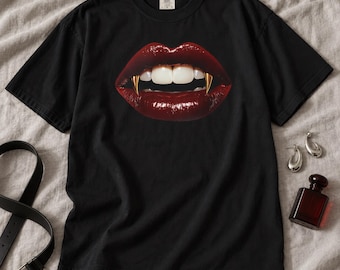 Vampire Lips Shirt, Gothic Fang Tee, Goth Halloween Punk Glam T-Shirt