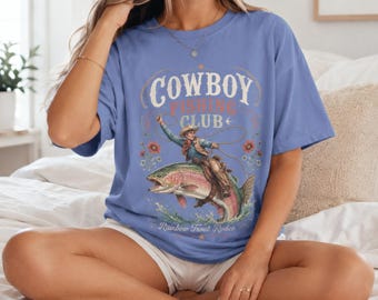 Cowboy Fishing Shirt, Rainbow Trout Rodeo, Oversized Comfort Colors Western Tee
