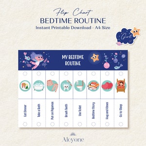 Gráfico de rutina para la hora de dormir para niños, rotafolio plegable imprimible para la lista de verificación nocturna, horario visual de rutina nocturna para niños pequeños, edición para niñas