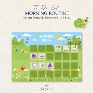 May include: A printable chart with a green, grassy background and a blue sky. The chart is titled "My Morning Routine" and has a list of morning activities with checkboxes. The activities include "Pack lunch bag", "Put on shoes", "Do hair", "Brush teeth", "Use toilet", "Wake up", "Eat breakfast", "Get dressed", and "Done!"