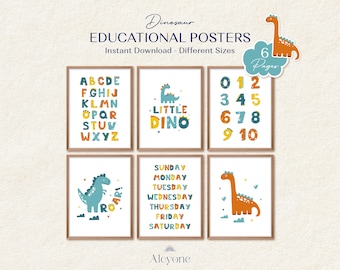 Carteles educativos de dinosaurios para niños, arte de pared de aprendizaje imprimible para la escuela en el hogar y el aula, decoración de la sala de juegos, cartel del alfabeto para niños pequeños