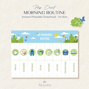 May include: A printable chart with a blue sky background and green leaves. The chart is titled "My Morning Routine" and has a checklist of morning activities with icons for each activity. The activities include: Wake Up, Eat Breakfast, Get Dressed, Do Hair, Brush Teeth, Use Toilet, Pack School Bag, and Put On Shoes.
