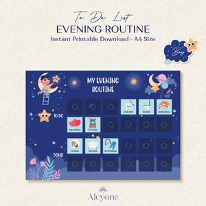Kids Evening Routine Chart, Printable Bedtime Checklist, Night Visual Schedule To Do List for Toddlers, Bedtime Routine Chart for Boys