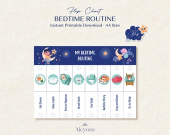 May include: A printable bedtime routine chart for kids with a blue, white, and yellow color scheme. The chart features a boy in pajamas reaching for a star on a crescent moon. The chart includes icons for activities like eating dinner, taking a bath, putting on pajamas, brushing teeth, using the toilet, reading a bedtime story, hugging and kissing, and going to sleep.