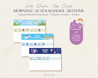 Cuadro de rutinas para niños, rutina matutina, después de la escuela y para la hora de dormir, cronograma visual editable con 40 íconos, cuadro de tareas Montessori para niños pequeños