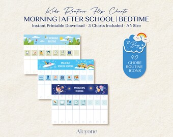 Cuadro de rutinas para niños, rutina matutina, después de la escuela y para la hora de dormir, cronograma visual editable con 40 íconos, cuadro de tareas Montessori para niños pequeños