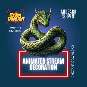 Puede incluir: Emoticono animado de Twitch con una serpiente de Midgard verde con cuernos dorados. El texto "Midgard Serpent" está en blanco sobre un fondo azul. El texto "Decoración de transmisión animada" está en blanco sobre un fondo rojo. El texto "¡Extra Bonus!" está en amarillo sobre un fondo rojo. El texto "Emotes de Twitch" está en blanco sobre un fondo azul. El texto "Descarga instantánea" está en blanco sobre un fondo azul.