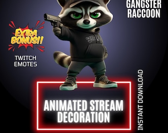 Gangster Raccoon Animated Twitch Stream Decor, Gaming Overlay & Emote Bundle, Stream Graphics (Digital Download)