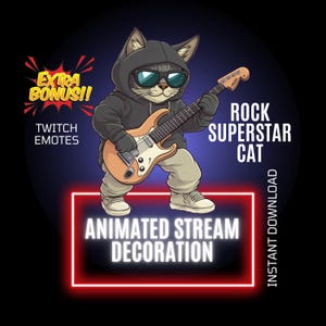 Cat Rock Star stream-decoratie, geanimeerde overlay met twitch, geanimeerde emote met twitch, geanimeerde cat-overlay met gitaarspelen, configuratie van Twitch-stream