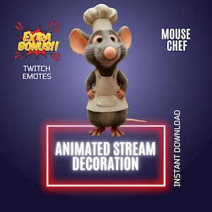 Puede incluir: Un ratón de dibujos animados con un delantal blanco y un gorro de chef. La imagen incluye el texto "MOUSE CHEF" y "ANIMATED STREAM DECORATION". El texto adicional dice "EXTRA BONUS!!" y "TWITCH EMOTES".