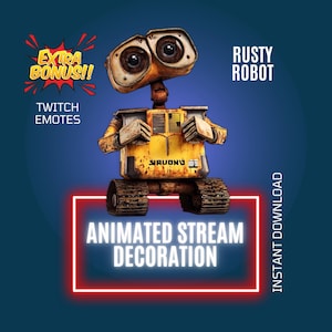 May include: Rusty Robot animated Twitch emote featuring a yellow robot with large eyes and a rusty exterior. The robot is sitting on a set of tracks. The text "RUSTY ROBOT" is in the upper right corner of the image. The text "ANIMATED STREAM DECORATION" is in a red box in the lower center of the image. The text "INSTANT DOWNLOAD" is in the lower right corner of the image.