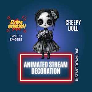ハロウィーンの不気味な人形のストリームデコレーション、Twitch ストリームのアニメーションオーバーレイ、Twitch アニメーションエモート、怖いアニメーション人形、Twitch ストリームコンパニオン