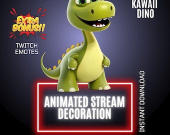 Kawaii Dino Twitch Stream Animated Decor, Dinosaur Overlay & Emote, Stream Graphics (Digital Download)