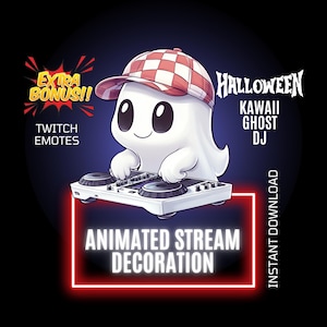 ハロウィンゴーストDJかわいいストリームデコレーション、アニメーションオーバーレイ、Twitchアニメーションエモート、ストリームアニメーションコンパニオン、かわいいTwitchストリームセットアップ