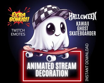 Halloween Ghost Skater Twitch Stream Animated Decoration, Kawaii Overlay & Emote, Stream Graphics (Digital Download)