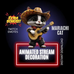 Mariachi Cat Stream Decoration, Animated Overlay, Twitch Animated Emote, Guitar Player Cat Animated Overlay, Twitch Animated Stream Setup