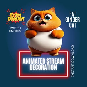 Happy Fat Ginger Cat Stream Decoration, Twitch Animated Overlay, Happy Twitch Animated Emote, Cute Cartoon Cat Stream Companion