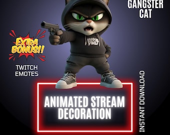 Animated Gangster Cat Twitch Gaming Stream Decor, Thug Overlay & Emote, Stream Graphics (Digital Download)