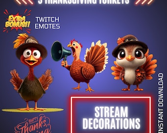 3 Animated Thanksgiving Turkey, Twitch Stream Decors, Funny Overlays & Emotes Bundle, Autumn Stream Graphics