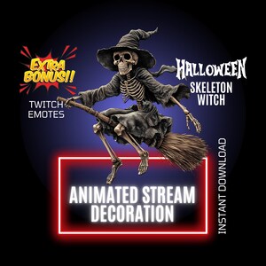 ハロウィーンの空飛ぶスケルトン魔女のストリームデコレーション、アニメーションオーバーレイ、Twitchアニメーションエモート、不気味なTwitchストリームアニメーションオーバーレイ
