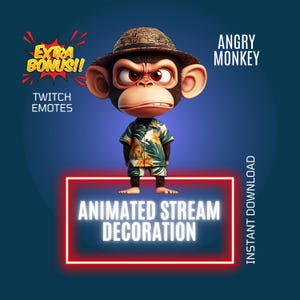 Decoración de transmisión de mono de dibujos animados enojado, superposición animada de Twitch, emoticón animado divertido de Twitch, alerta de Twitch, compañero de transmisión de mono loco