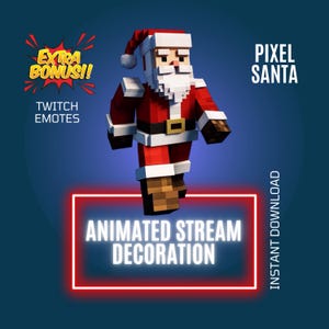 Puede incluir: Santa Claus animado en pixel art con un traje rojo, barba blanca y cinturón blanco. El texto "PIXEL SANTA" está en la esquina superior derecha de la imagen. El texto "ANIMATED STREAM DECORATION" está en un cuadro de neón rojo en el centro inferior de la imagen. El texto "INSTANT DOWNLOAD" está en el lado derecho de la imagen.