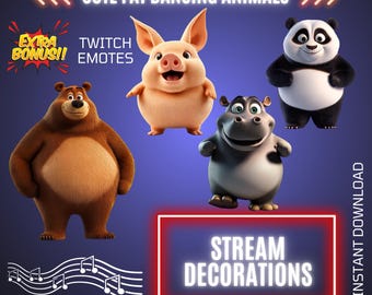 4 Animated Fat Dancing Animals Twitch Stream Decorations, Kawaii Overlays & Emotes Bundle, Stream Graphics