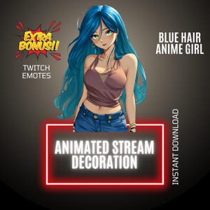 Blue Hair Anime Girl Twitch Animated Stream Decor, Dancing Girl Animated Overlay, Anime Twitch Animated Emote, Anime Girl Stream Companion