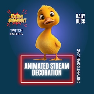 Op de afbeelding: Geanimeerde Twitch-emote met een schattig geel baby-eendje met een neonroze bord met de tekst "Geanimeerde Stream Decoratie" en de tekst "Baby Duck" en "Direct Downloaden" op de achtergrond.